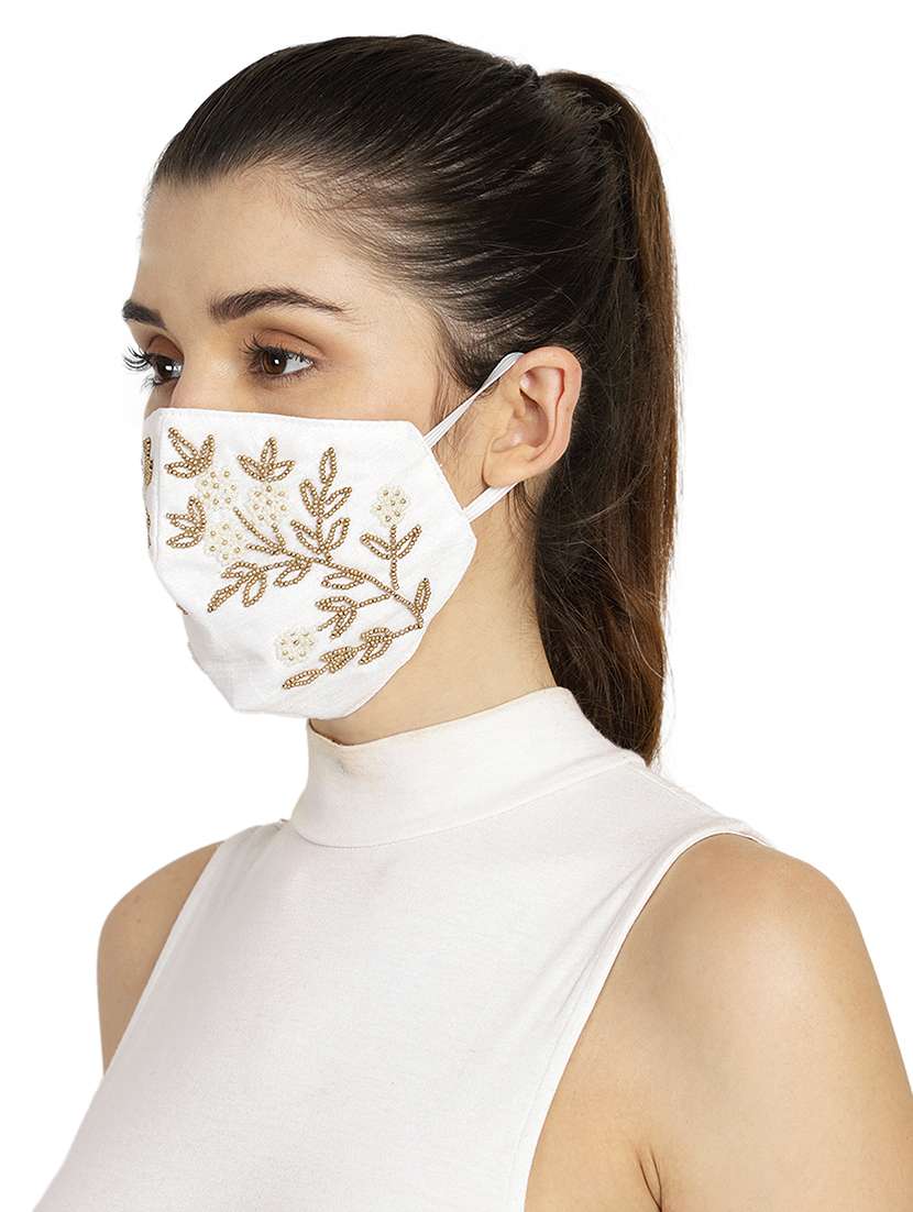 3-ply white & gold art silk embellished fabric fashion mask - 18403042 -  Standard Image - 3