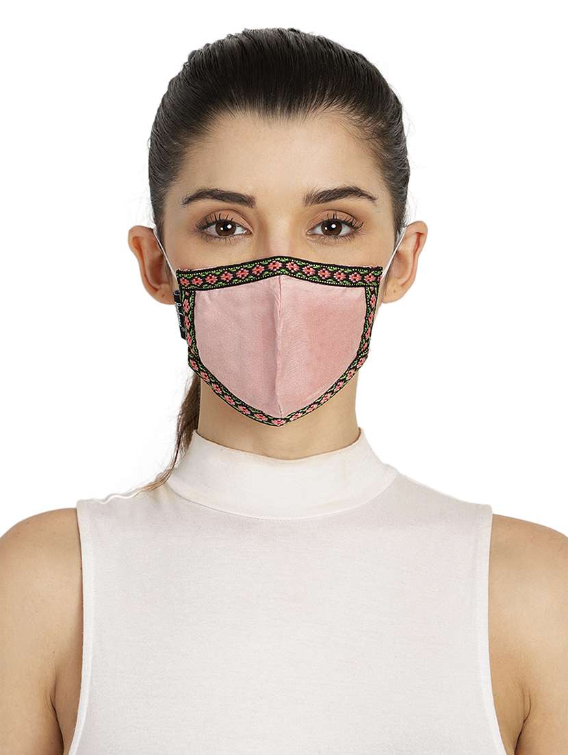  3-ply reusable pink & multi solid poly silk fabric fashion mask
