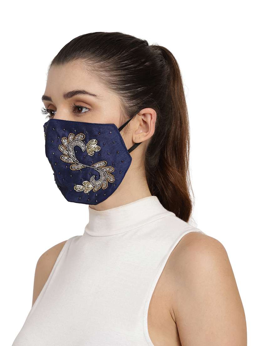  3-ply navy blue & multi art silk embellished fabric fashion mask - 18403044 -  Standard Image - 3