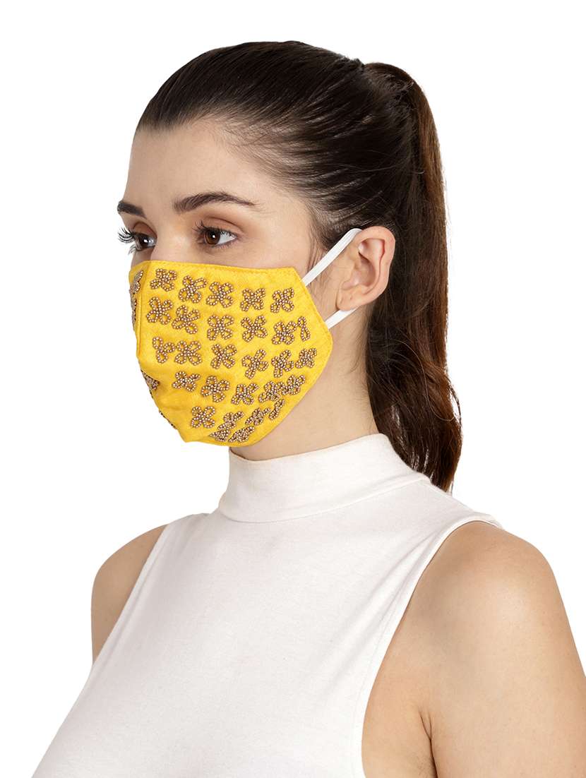  3-ply yellow & gold art silk embellished fabric fashion mask - 18403045 -  Standard Image - 3