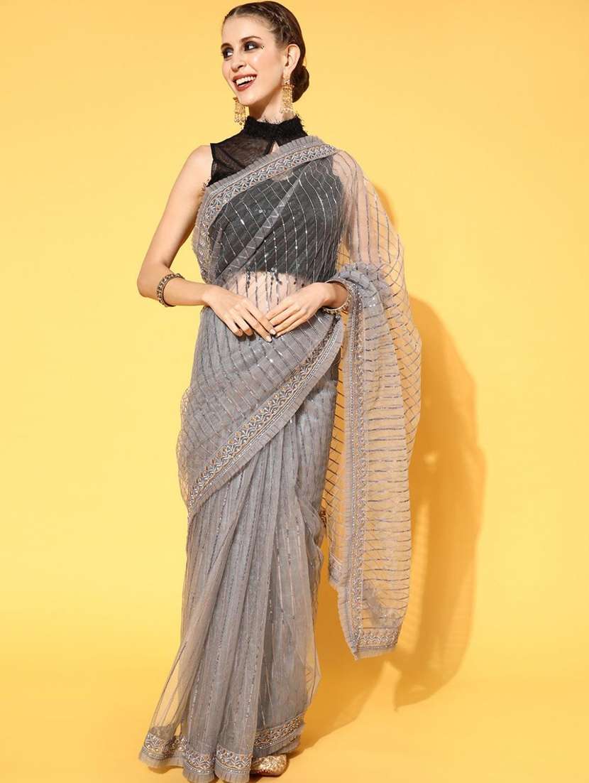 grey embroidered saree with blouse