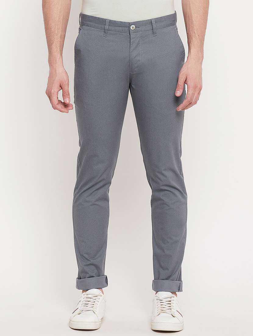 grey solid blend flat front casual trouser - 18404427 -  Zoom Image - 0