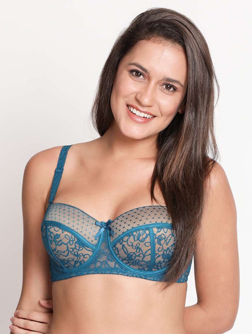 blue laced balconette bra
