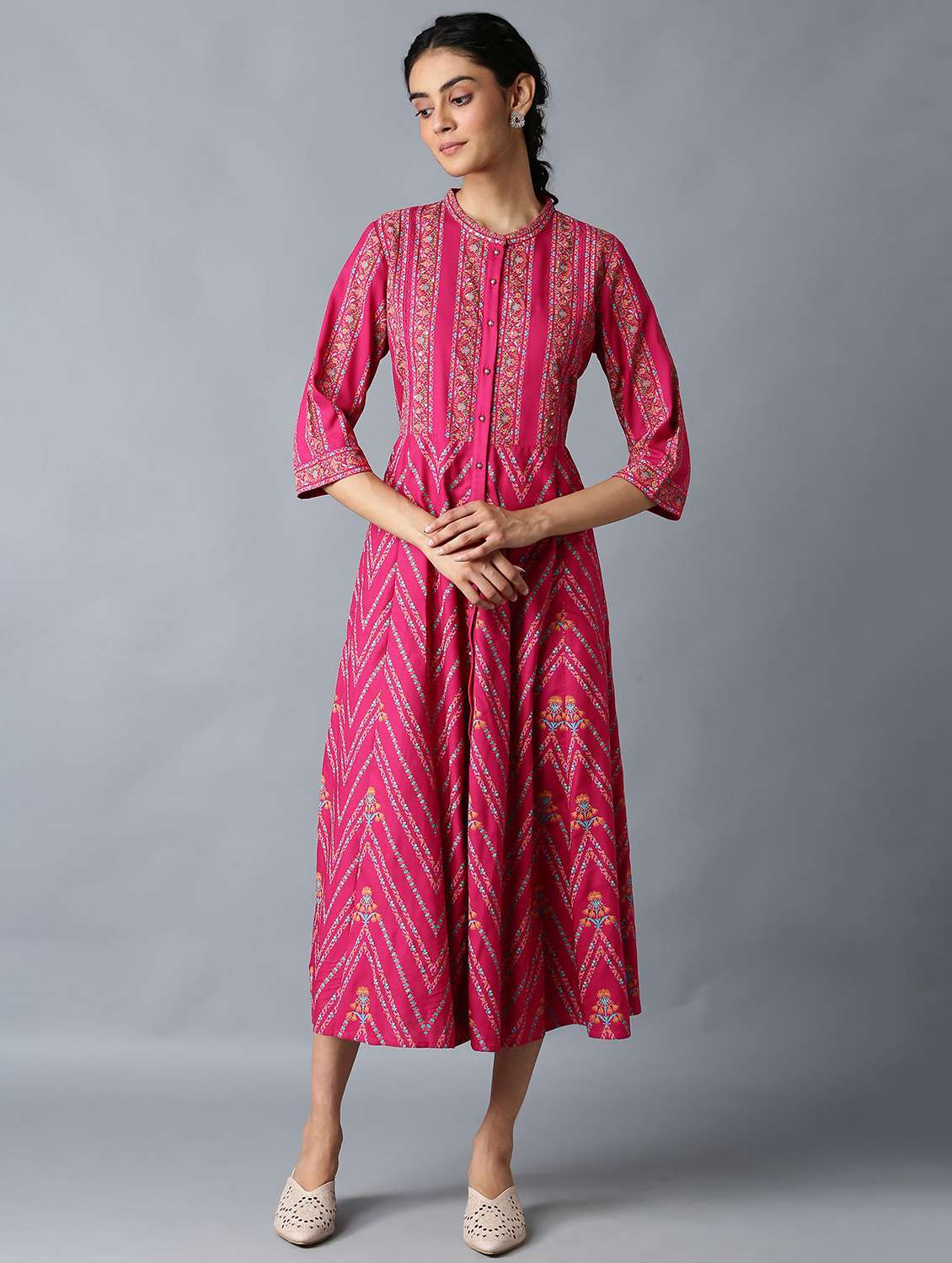 pink floral flared ethnic dress
