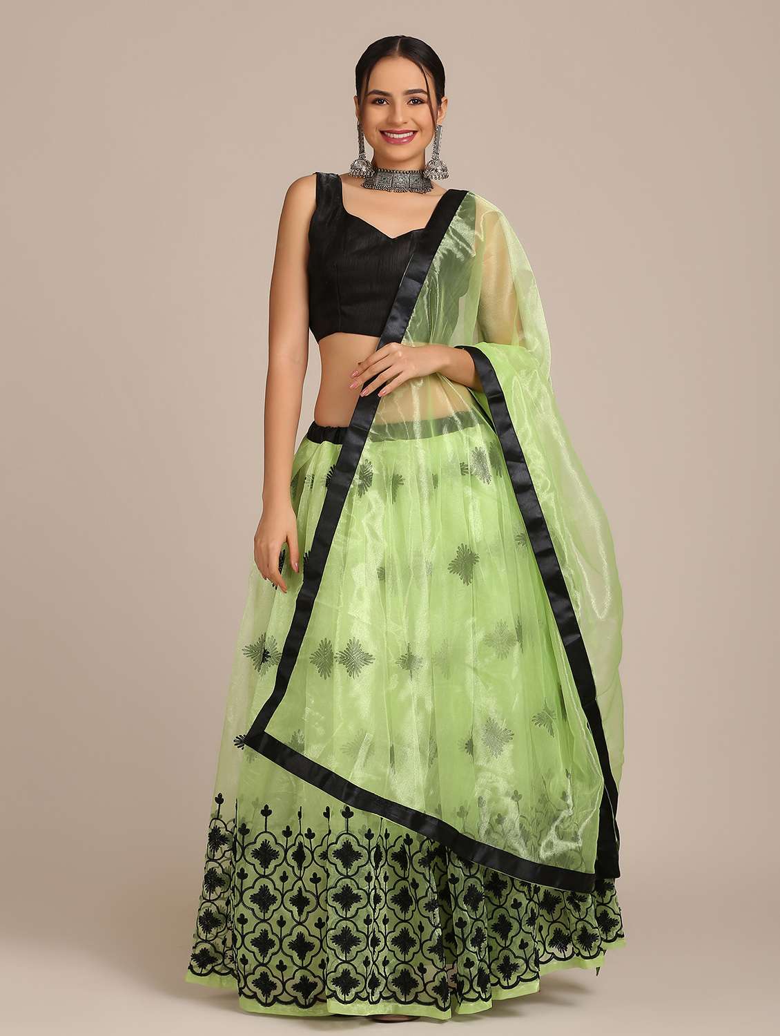 Bottle Green Net Flared Lehenga