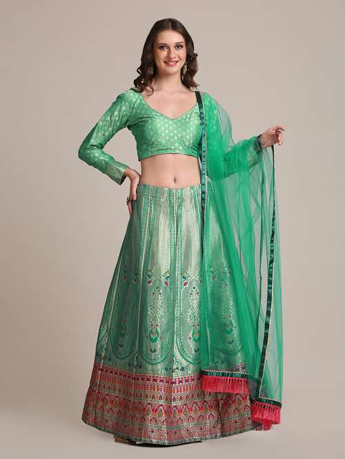 green raw silk flared lehenga