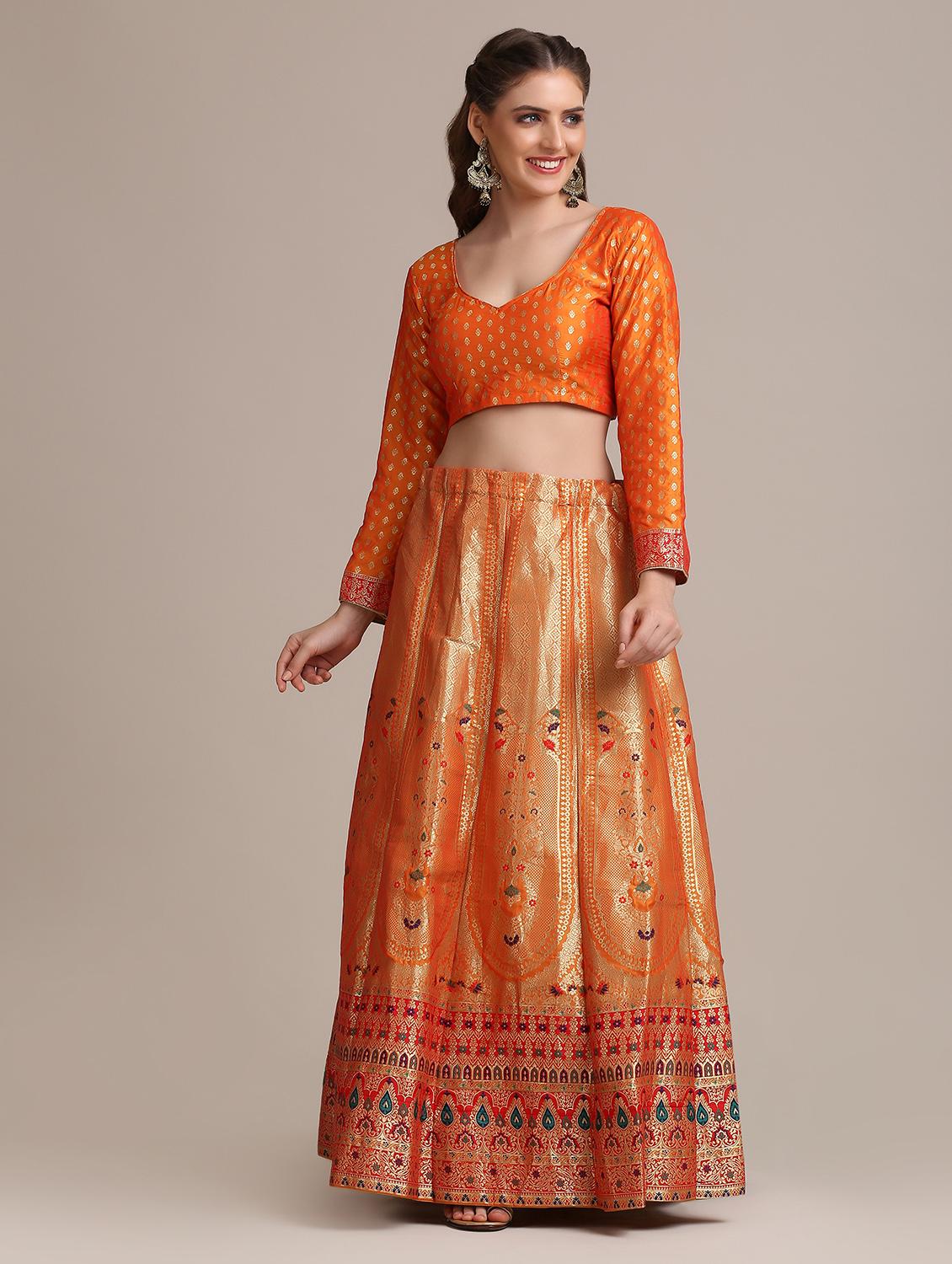 orange raw silk flared lehenga - 18408093 - Standard Image - 3