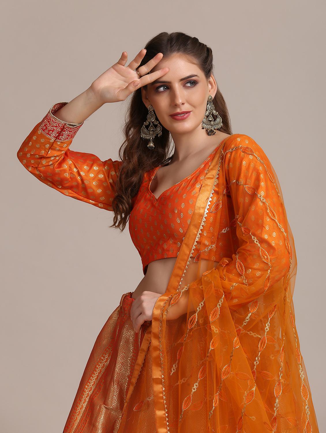 orange raw silk flared lehenga - 18408093 - Standard Image - 5