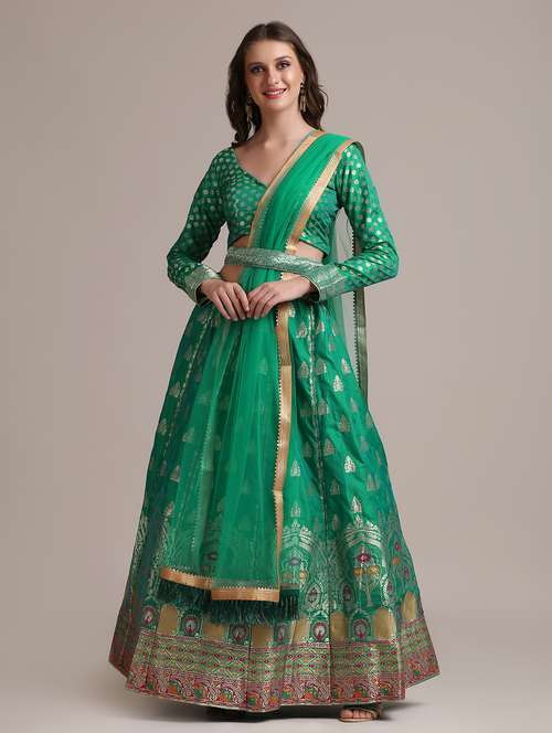 sea green raw silk flared lehenga