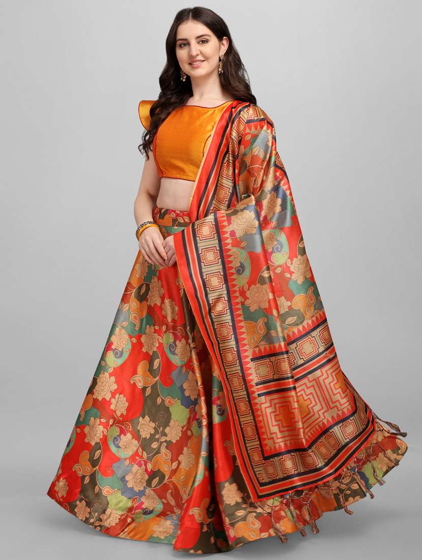 orange floral flared lehenga