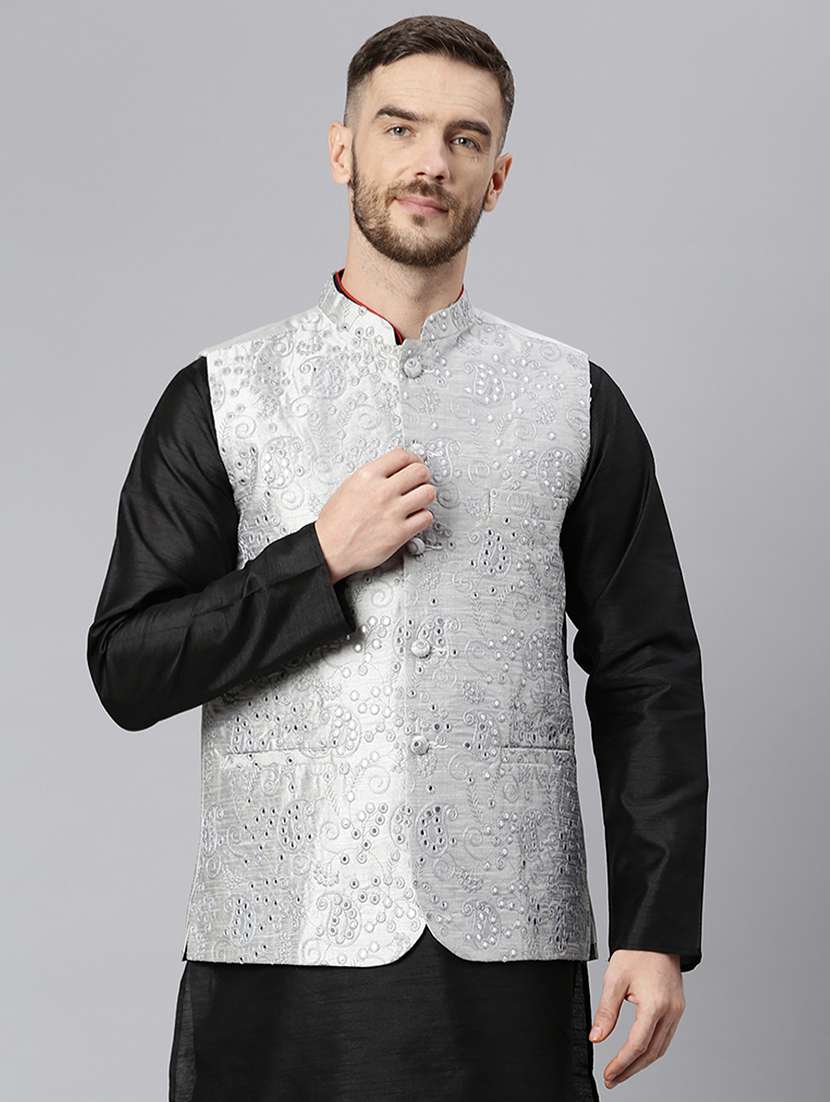 grey embroidered nehru jacket