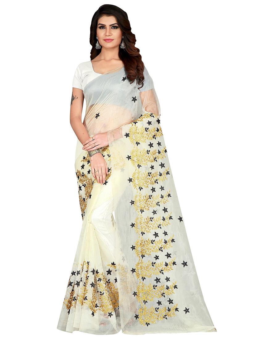 off-white embroidered saree with blouse - 18410726 - Zoom Image - 0