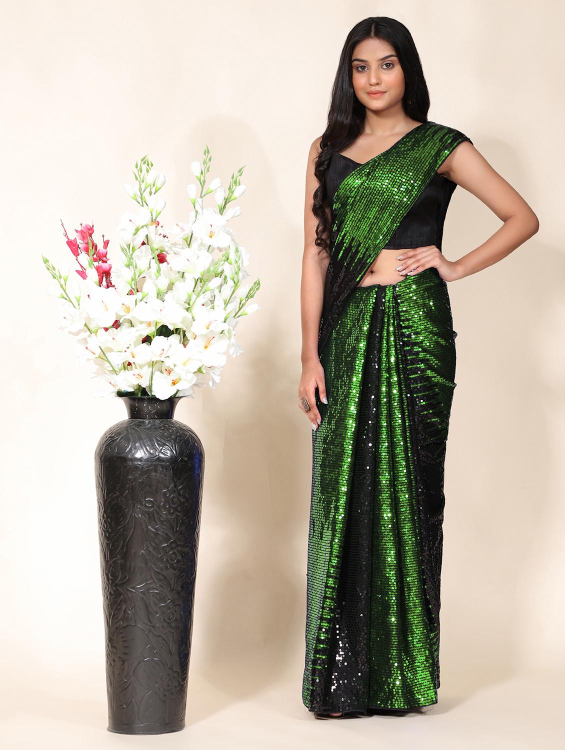 green georgette embroidered saree with blouse - 18411018 - Zoom Image - 0