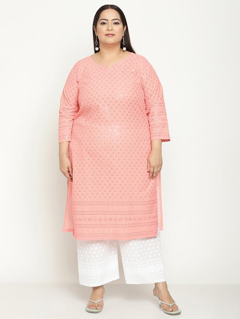 peach chikankari straight kurta - 18411028 - Zoom Image - 0