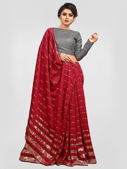 red silver sequence work over vichitra silk  with brocade blouse embroidered saree with blouse - 18411063 -  Standard Image - 0
