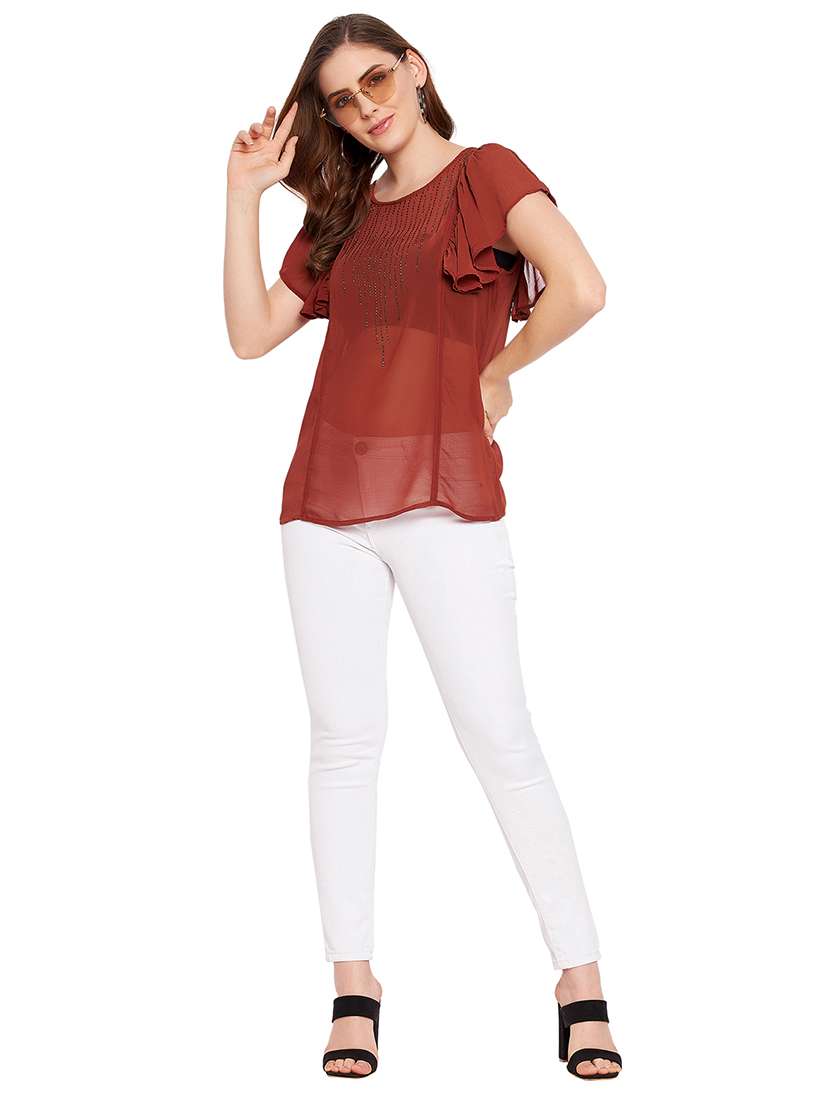 women's ruffle round neck top - 18411086 -  Standard Image - 3