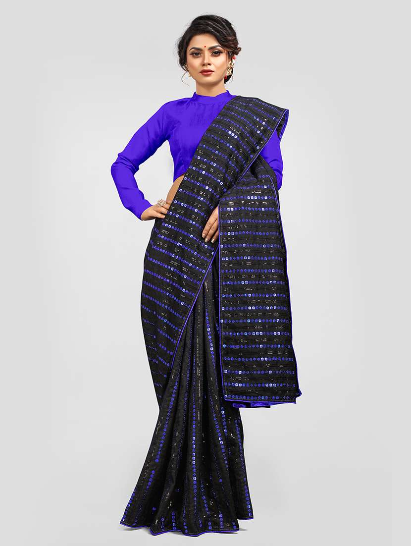 blue sequence and thread work over vichitra silk  with banglory satin blouse embroidered saree with blouse