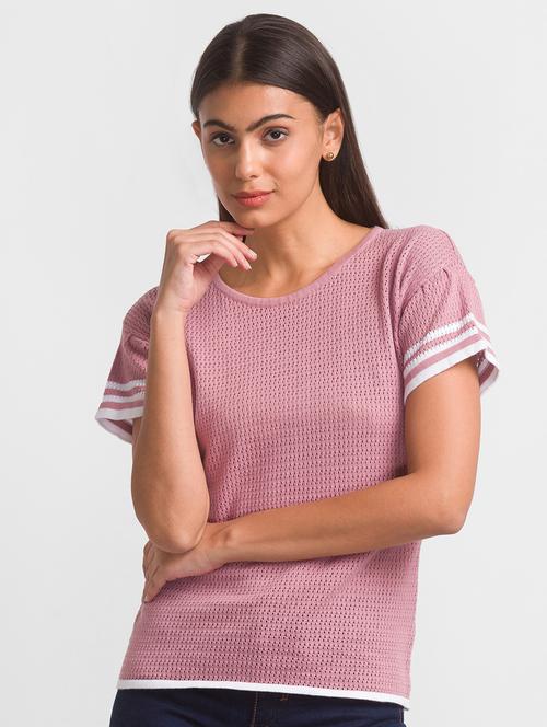 women pink self design round neck t-shirt - 18411463 - Standard Image - 0