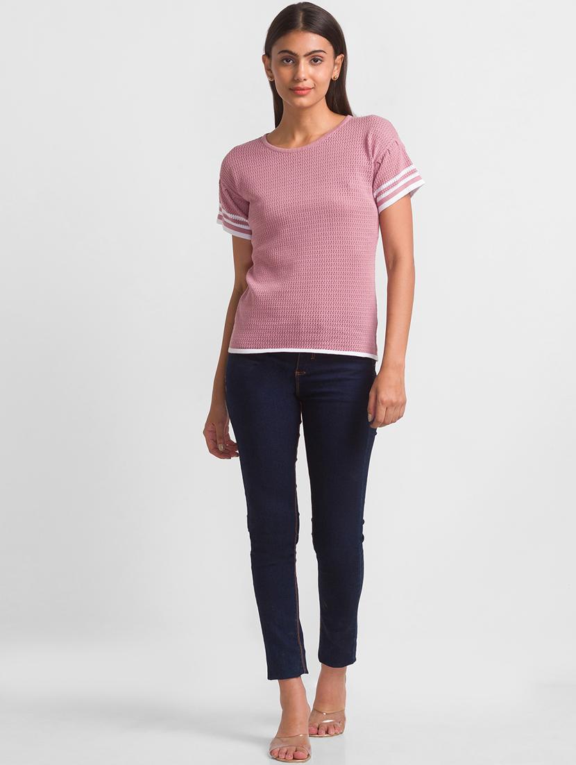 women pink self design round neck t-shirt - 18411463 - Standard Image - 3
