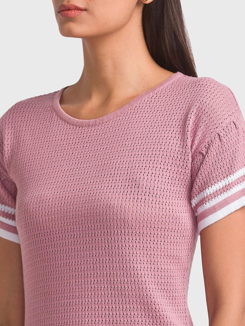 women pink self design round neck t-shirt - 18411463 - Standard Image - 5
