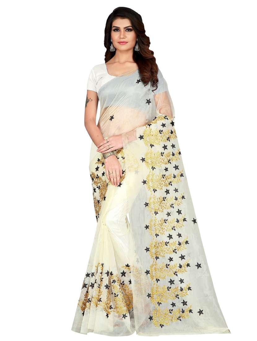 off-white embroidered saree with blouse - 18411719 -  Zoom Image - 0