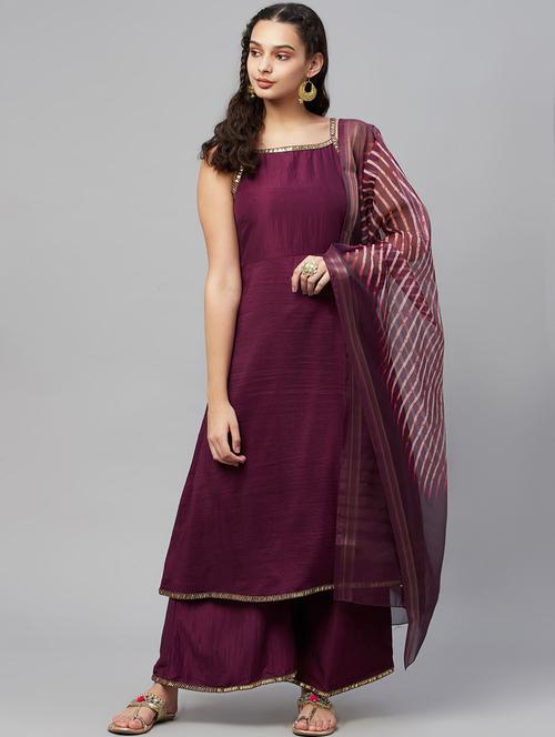 purple kurta palazzo set with dupatta - 18412276 - Standard Image - 0