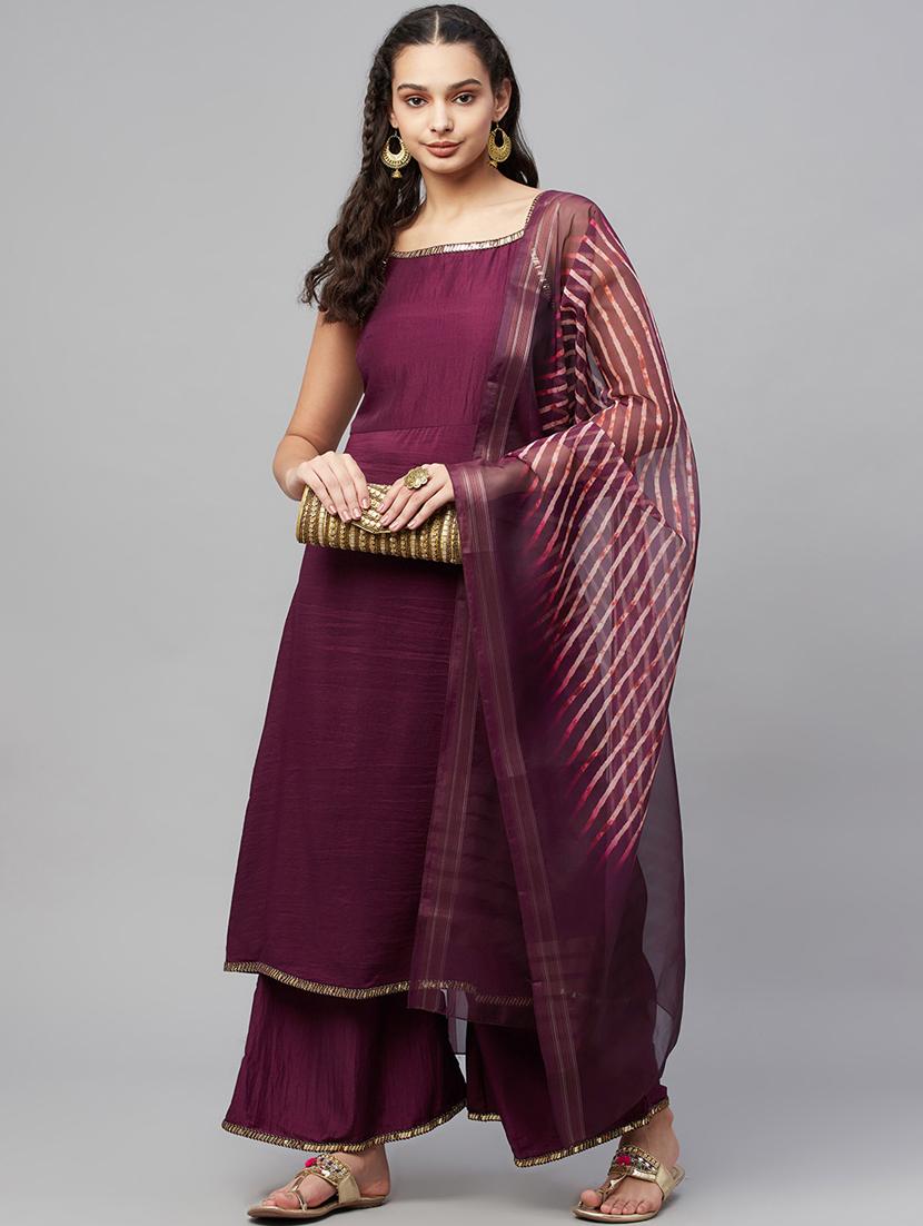 purple kurta palazzo set with dupatta - 18412276 - Standard Image - 3
