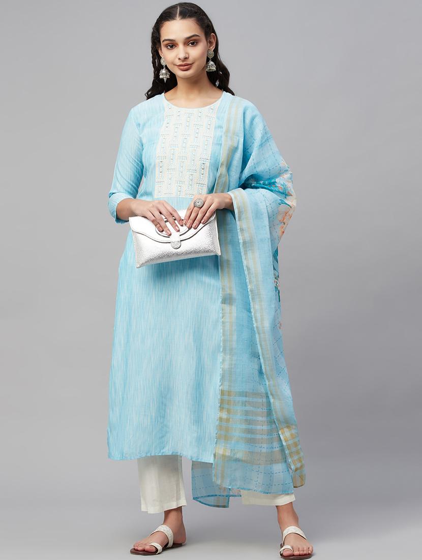 turquoise cotton kurta pant set - 18412476 - Zoom Image - 0