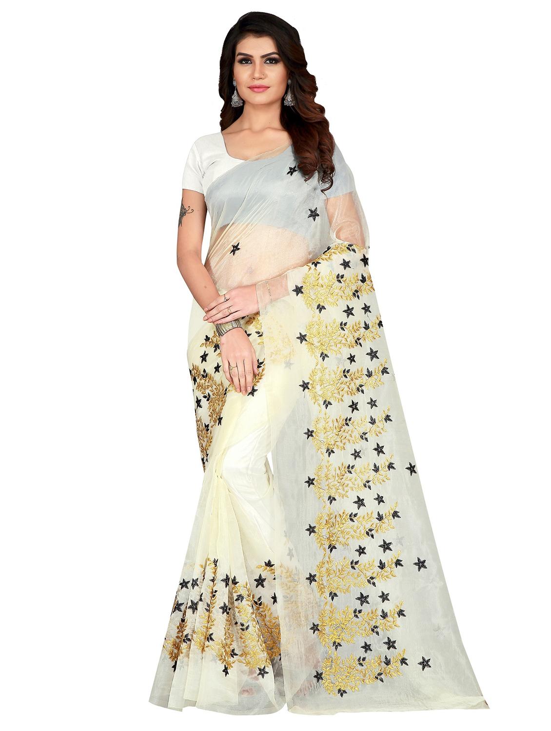 off-white embroidered saree with blouse - 18413219 - Zoom Image - 0