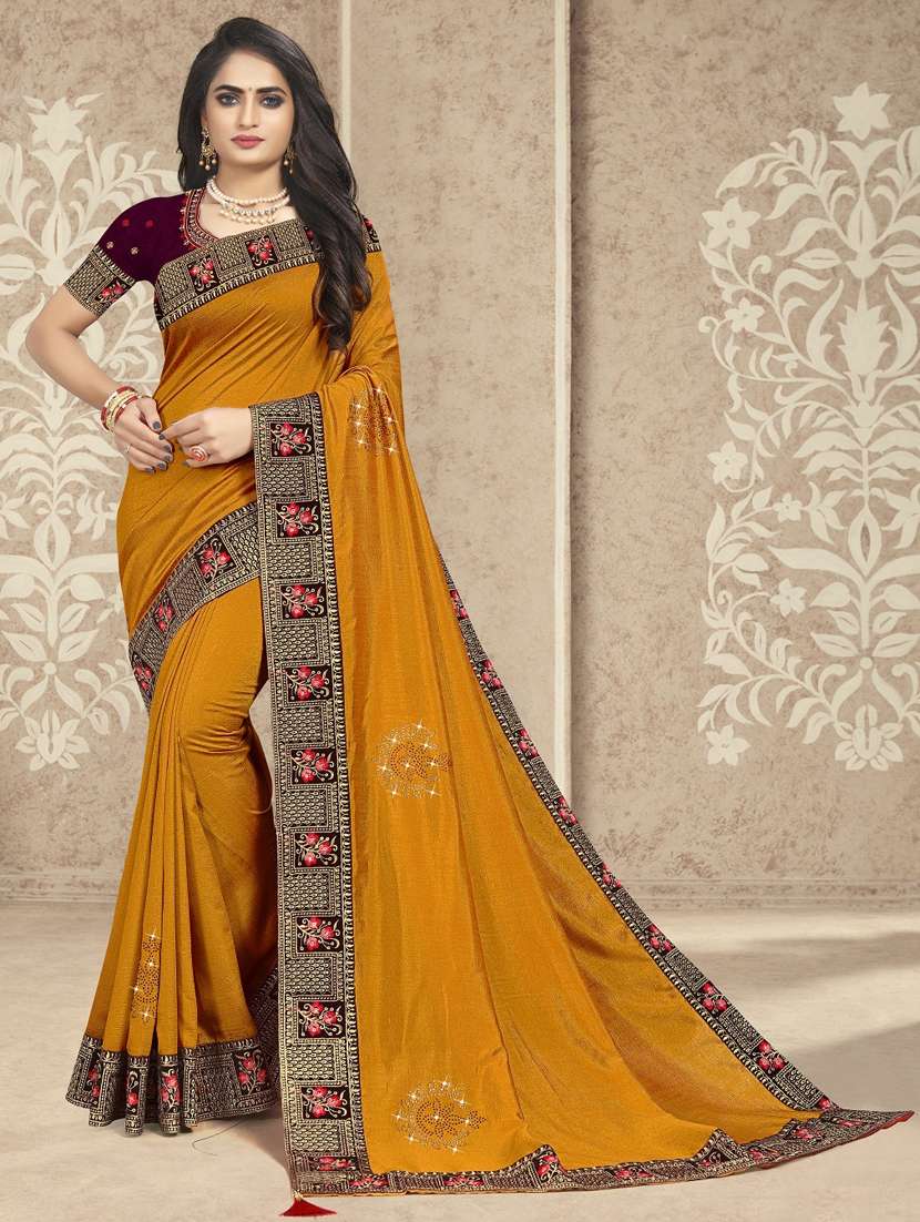 solid bordered saree with embroidery 