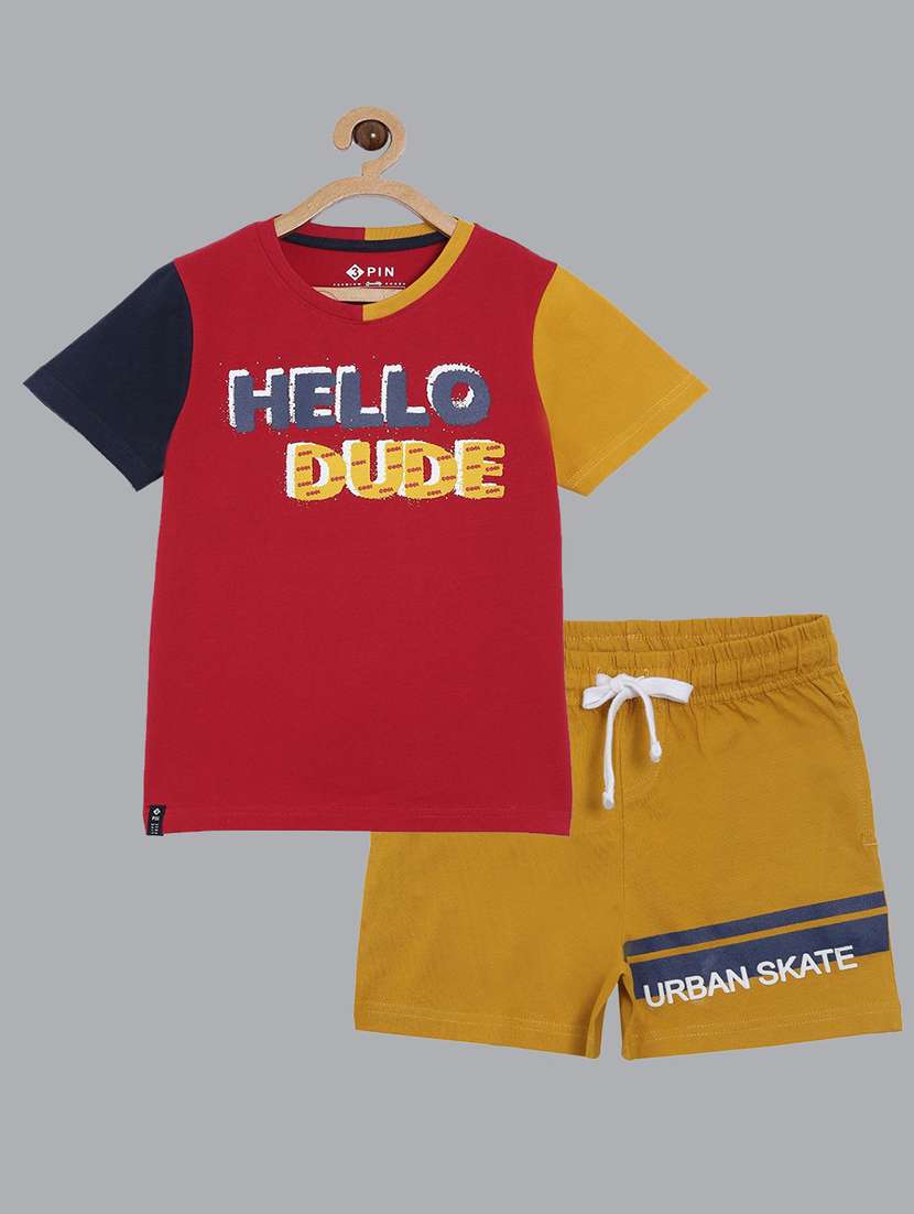 boys round neck color block shorts set 