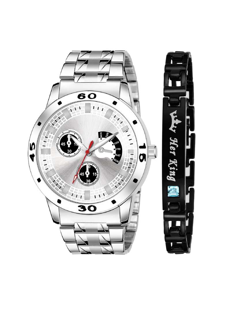 kajaru jew_60_k_55 stylish dial- stainless steel strap watch & black bracelet combo set for men