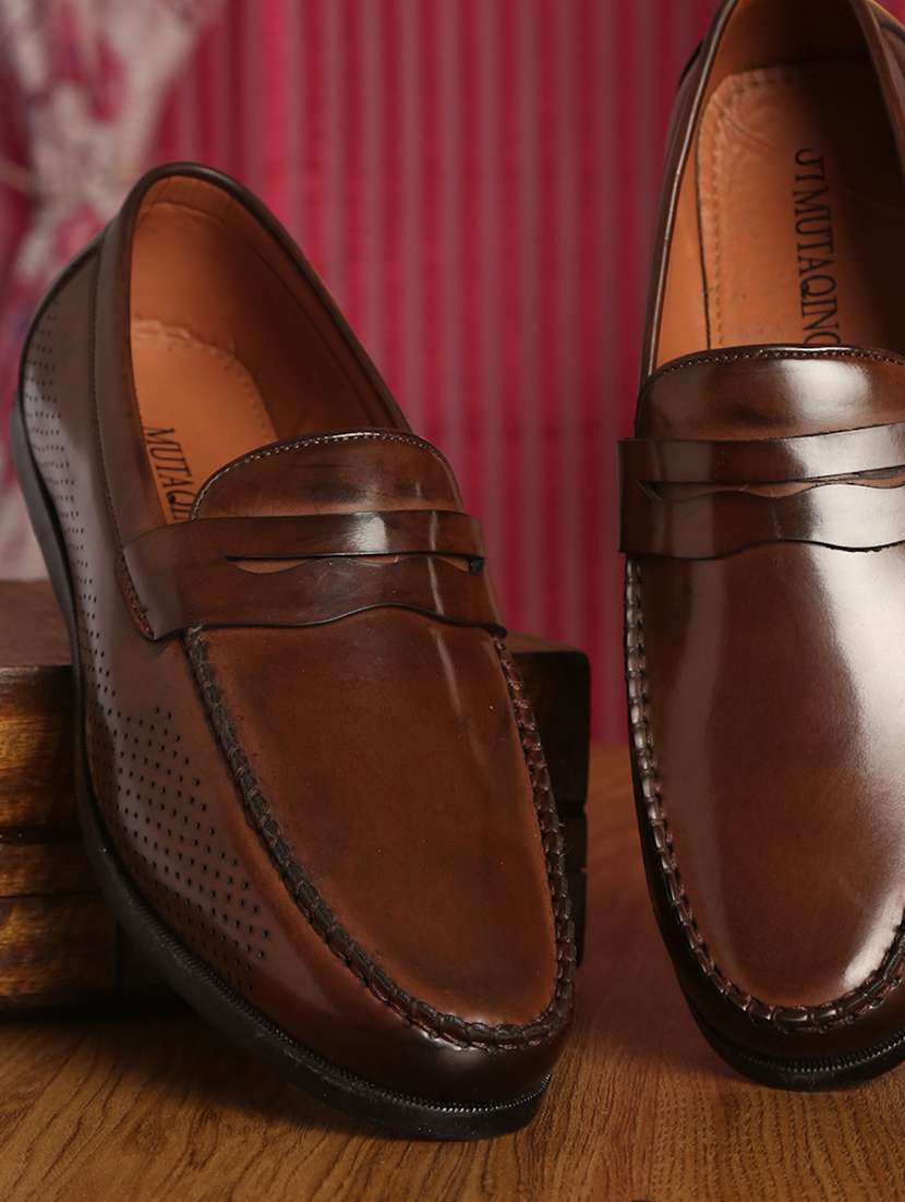 brown leather slip on loafers