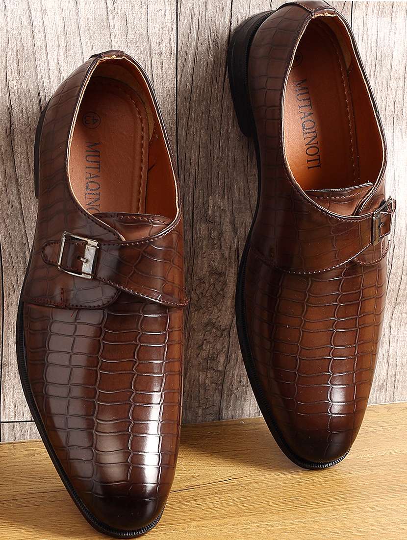 brown textured slip on formal shoes