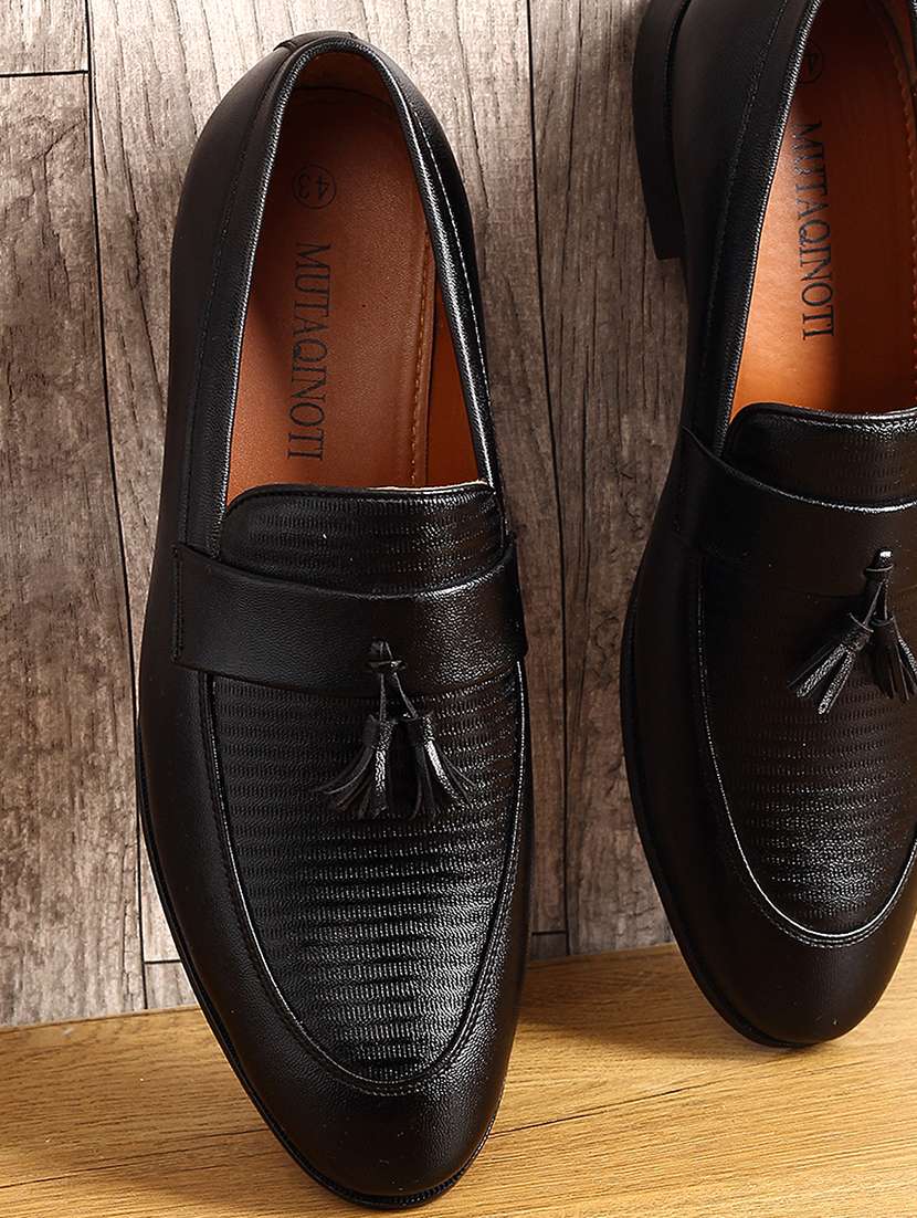 black leather slip on loafers