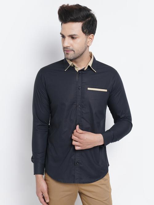 dark blue solid casual shirt - 18416326 - Standard Image - 0
