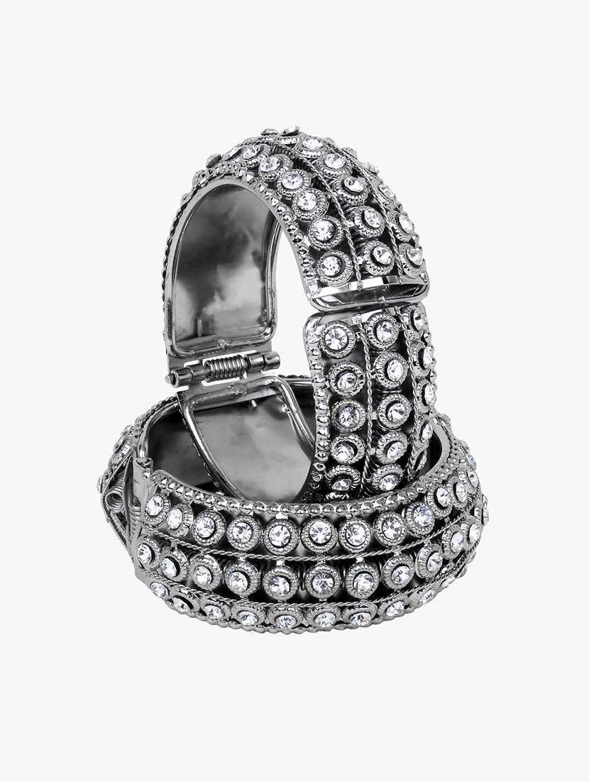 set of 2 silver tone metal kundan bangles