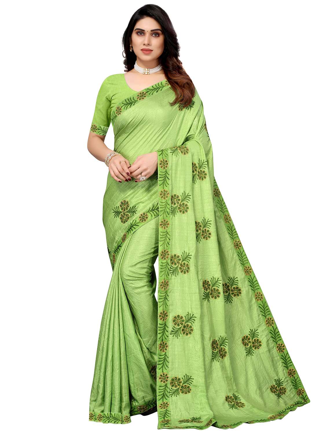 green art silk embroidered saree with blouse - 18416433 -  Zoom Image - 0