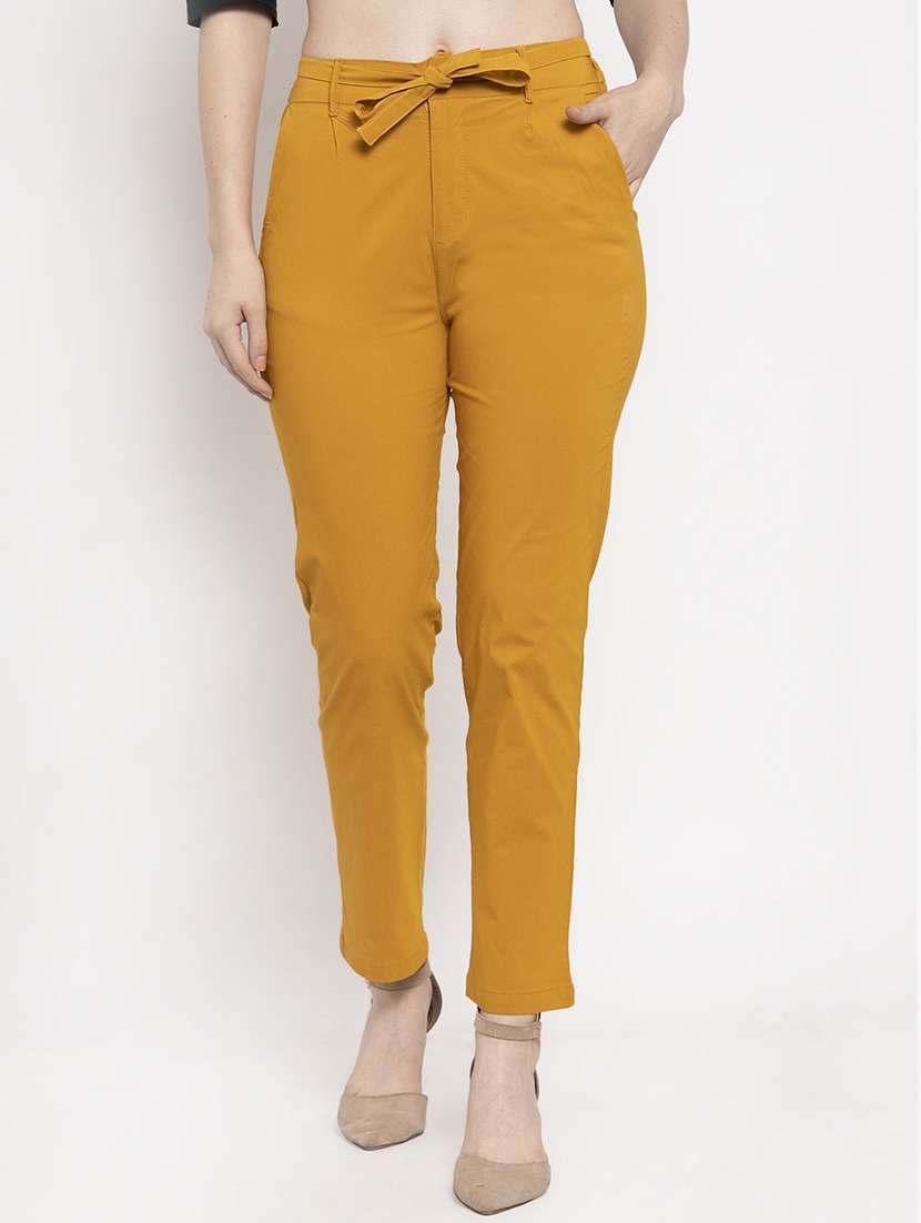 mustard mid rise solid pleated  trouser