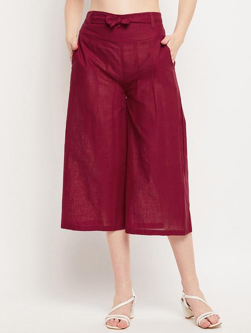 maroon mid rise solid culottes trouser - 18416447 - Standard Image - 0