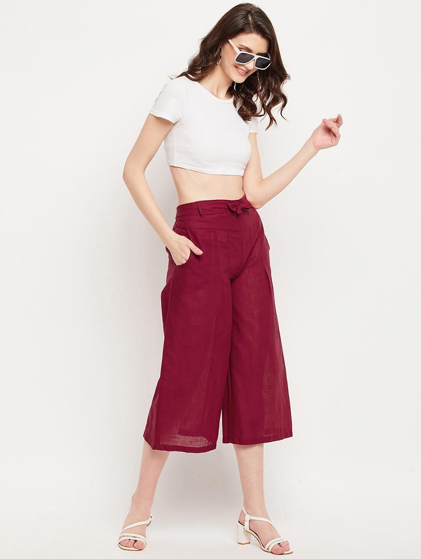 maroon mid rise solid culottes trouser - 18416447 - Standard Image - 3