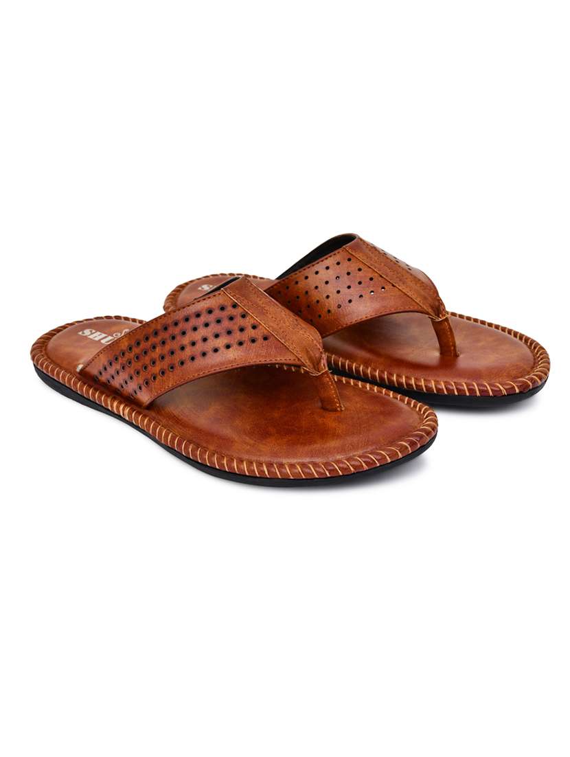tan leatherette slip on flip flops