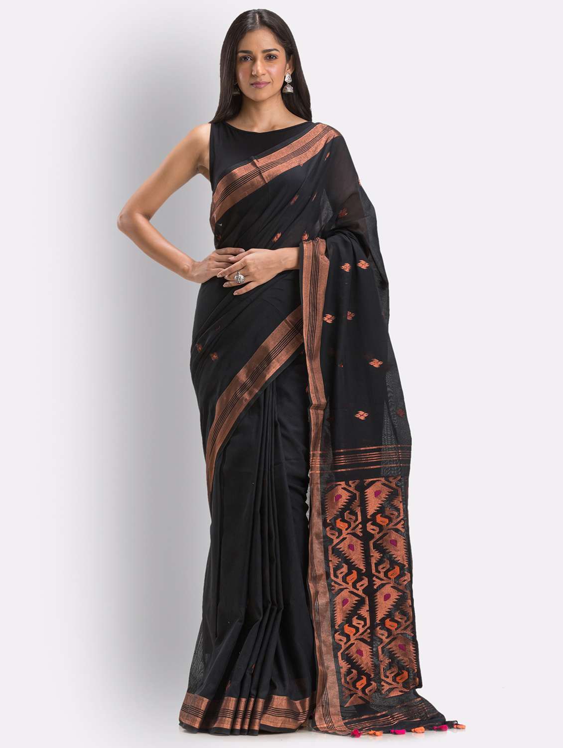 women's self design black colored saree with blouse