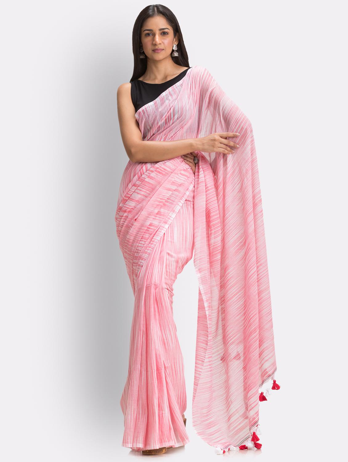 women's stripes pink colored saree with blouse