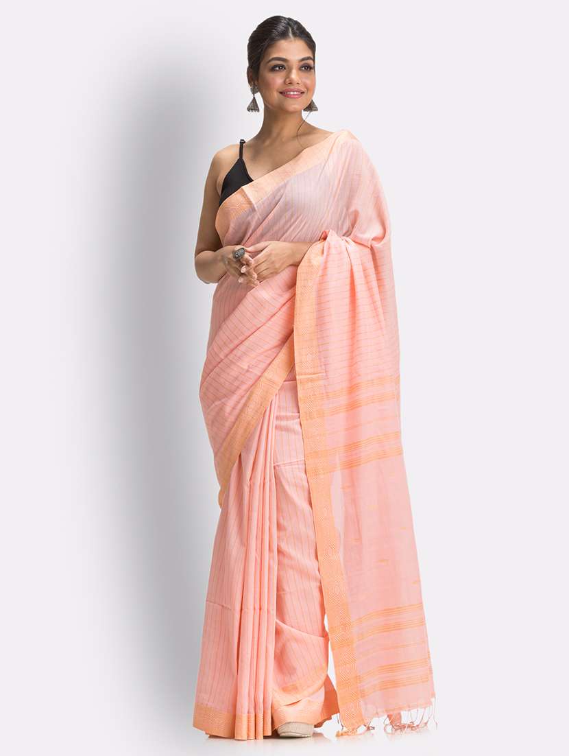 women's stripes pink colored saree with blouse