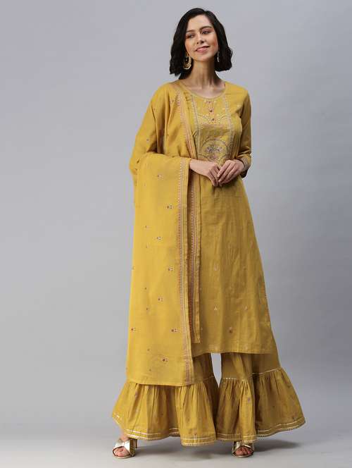 yellow cotton blend kurta sharara set - 18418178 - Standard Image - 0