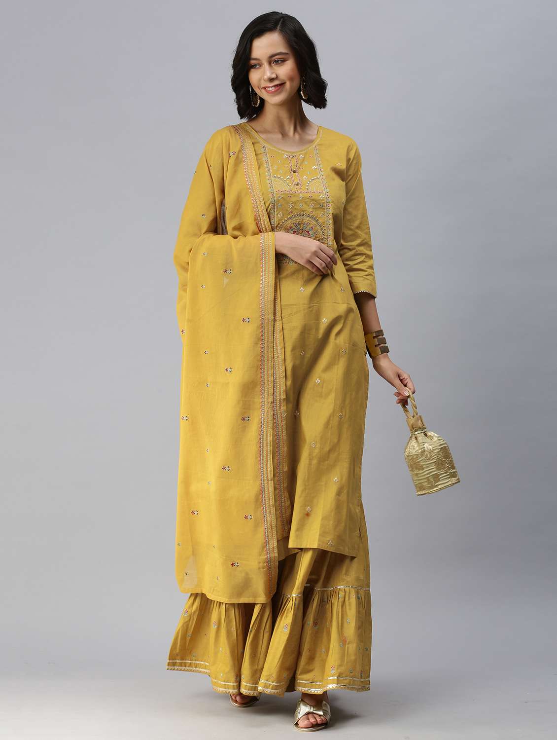 yellow cotton blend kurta sharara set - 18418178 - Standard Image - 3
