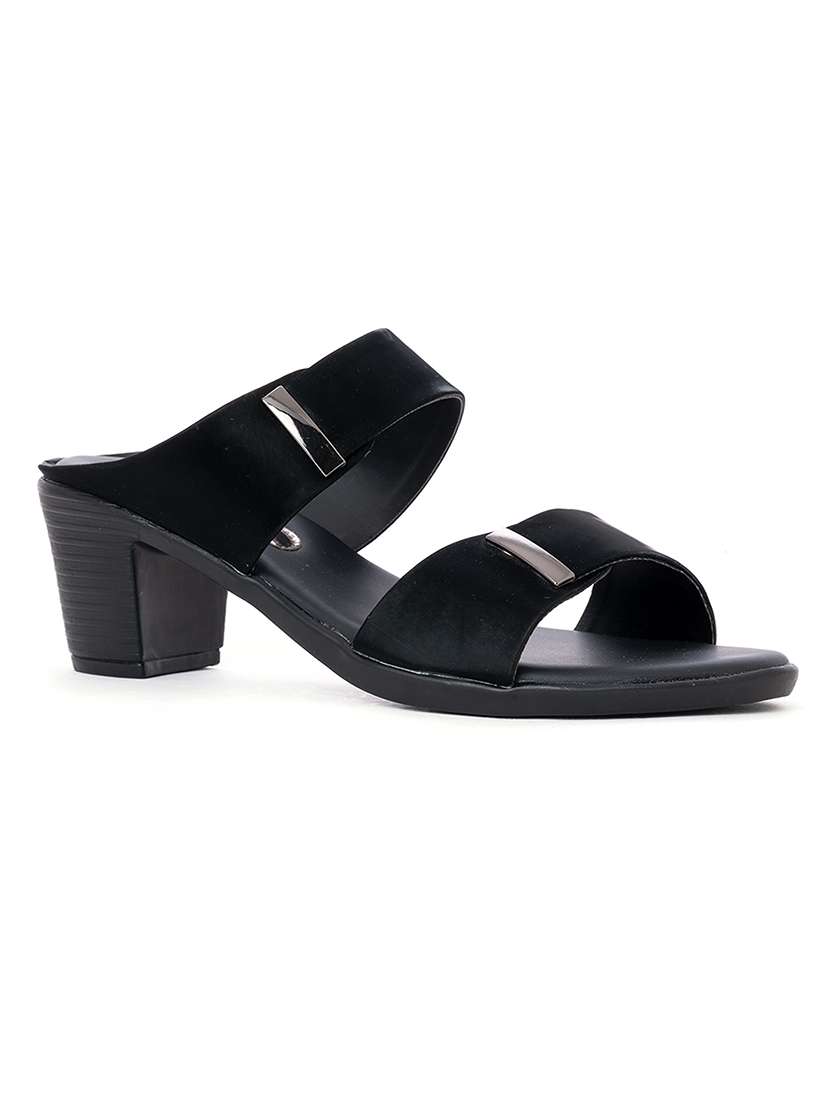 black synthetic slip on sandals