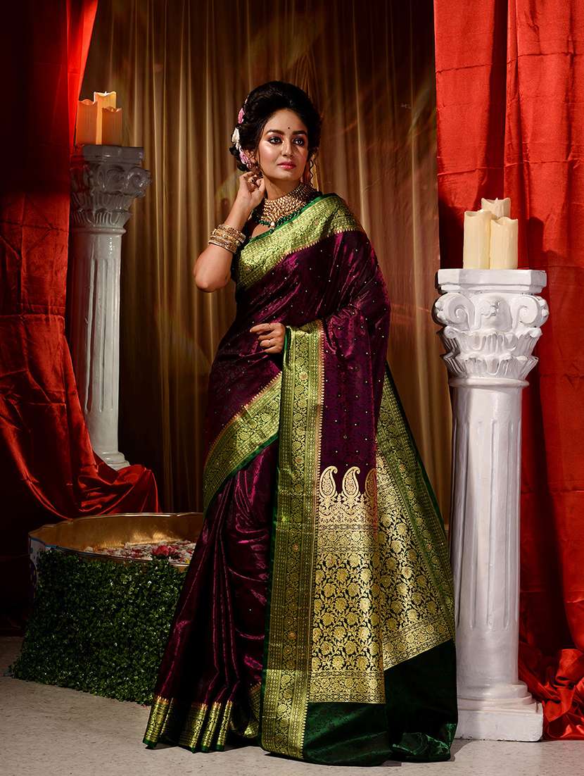 maroon silk blend printed saree