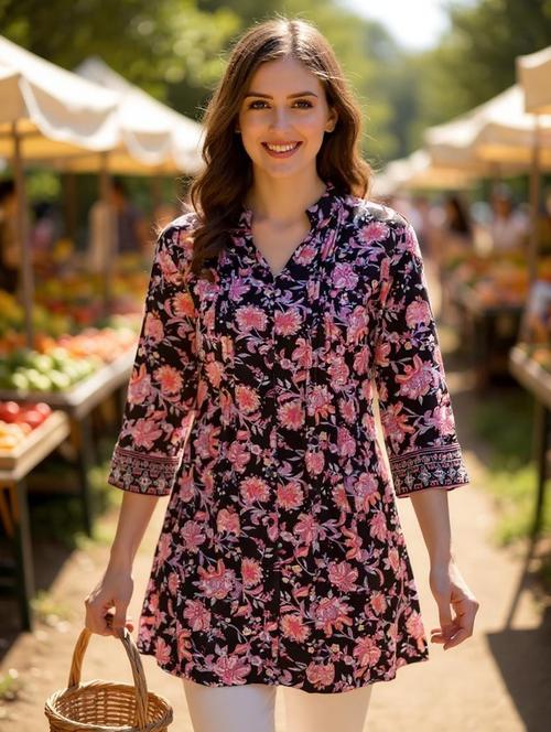 black tie back floral print tunic - 18419176 - Standard Image - 0